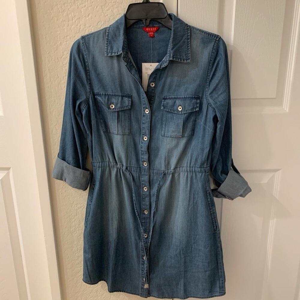 dark wash denim-like dress with adjustable waist by Guess Los Angeles!